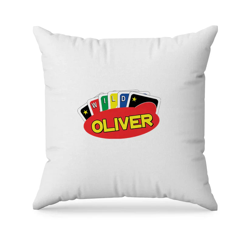 Uno sublimation pillowcase with bold red and black print, soft fabric, personalized name shown, folded flat