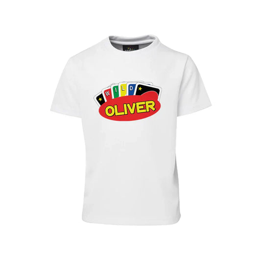 Uno sublimation t-shirt with vibrant Uno design, white cotton shirt, laid flat with custom name on front
