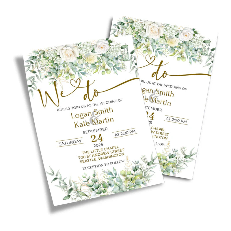 White Rose and Eucalyptus Leaves Printable DIY Wedding Invitations