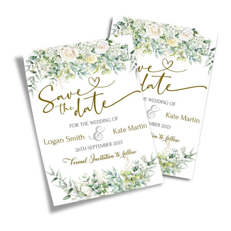 White Rose and Eucalyptus Leaves Printable Save the Date Wedding Event
