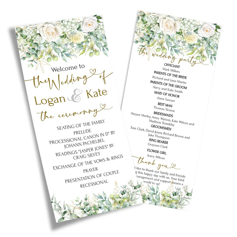 White Rose and Eucalyptus Leaves Printable Wedding Program Ceremony
