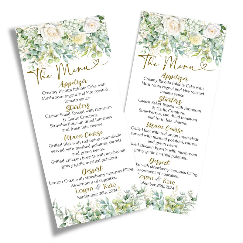 White Rose and Eucalyptus Leaves Printable Wedding Menu Card