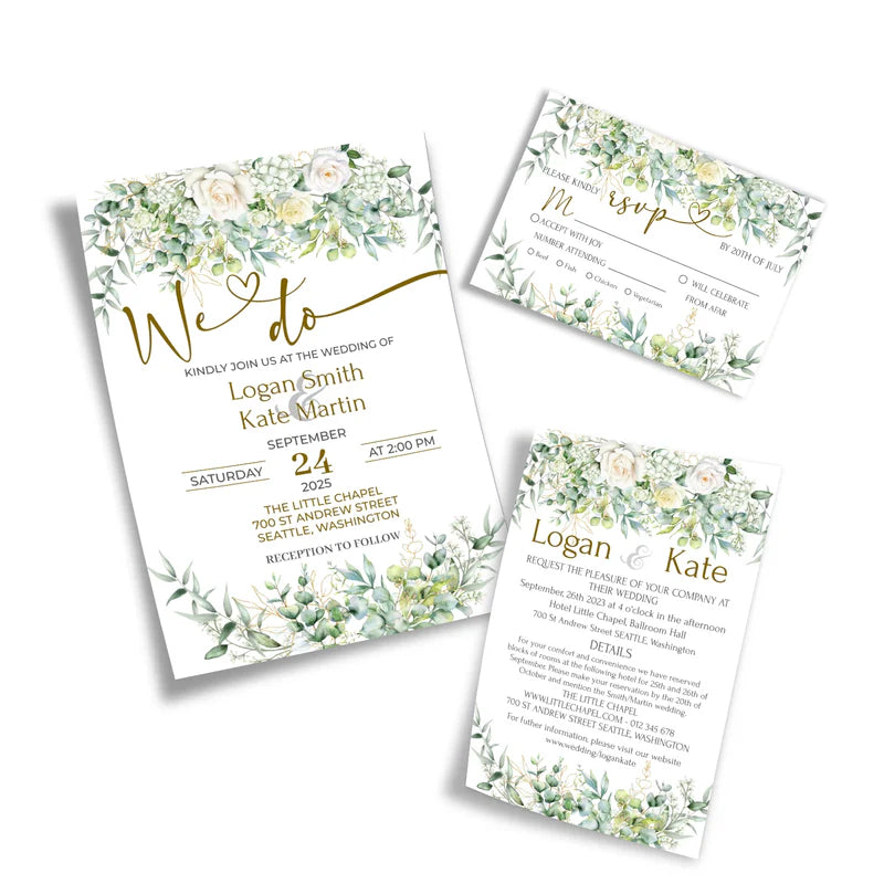 White Rose and Eucalyptus Leaves Printable Wedding Invite Set
