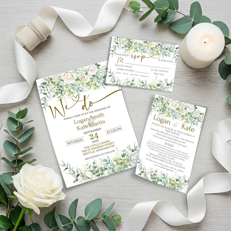 White Rose DIY Wedding, Floral Wedding Party Supplies, Eucalyptus Leaves Themed, DY Wedding Digital Template, Editable White Rose and Eucalyptus Leaves Image SVG PNG