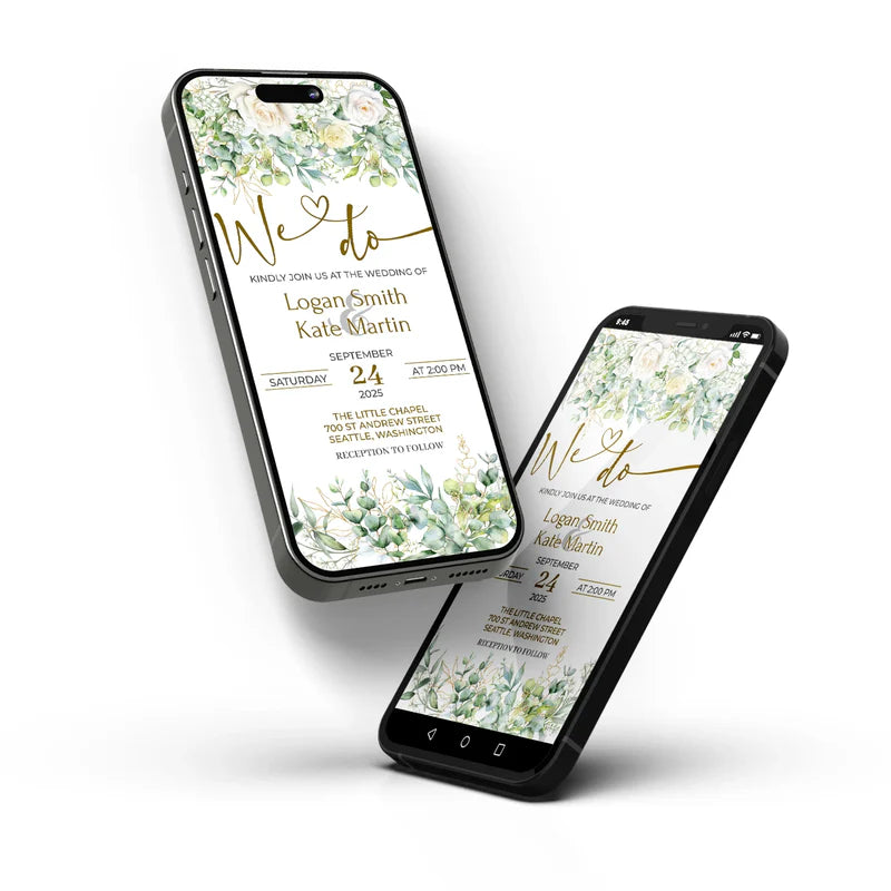 White Rose and Eucalyptus Leaves Printable Wedding Invitation Mobile Version