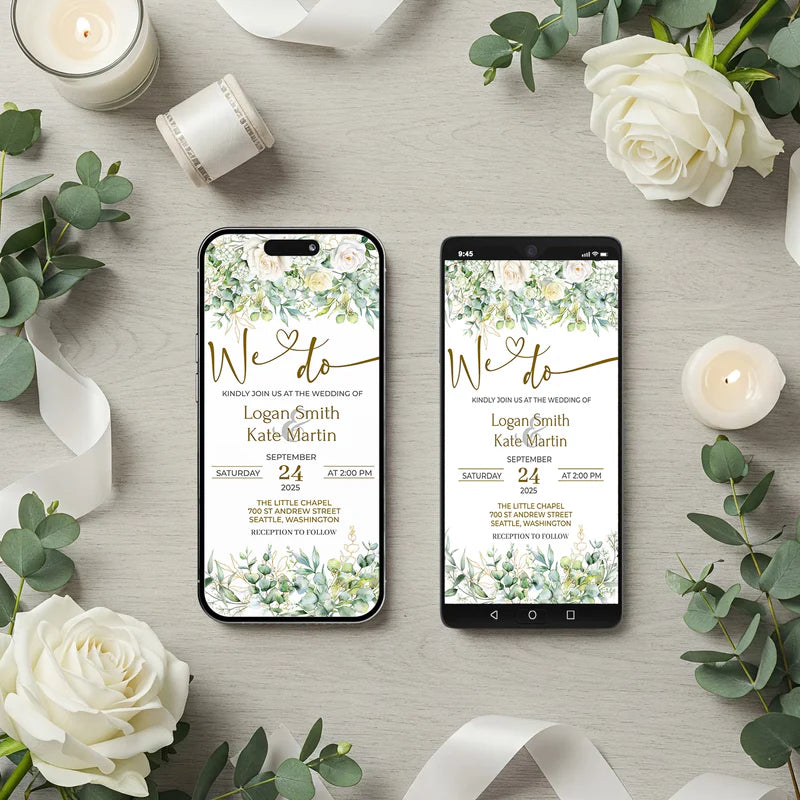 White Rose DIY Wedding, Floral Wedding Party Supplies, Eucalyptus Leaves Themed, DY Wedding Digital Template, Editable White Rose and Eucalyptus Leaves Image SVG PNG