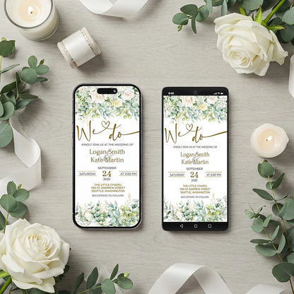 White Rose DIY Wedding, Floral Wedding Party Supplies, Eucalyptus Leaves Themed, DY Wedding Digital Template, Editable White Rose and Eucalyptus Leaves Image SVG PNG