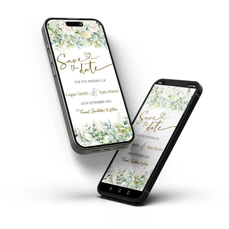 White Rose and Eucalyptus Leaves Printable Wedding Event Date Mobile Version