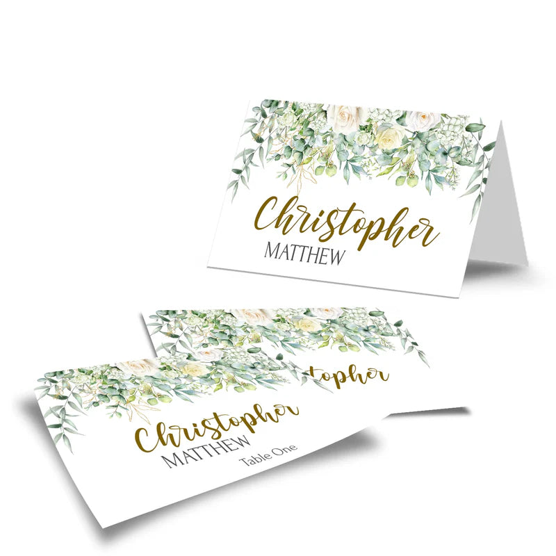 White Rose and Eucalyptus Leaves Wedding Place Card