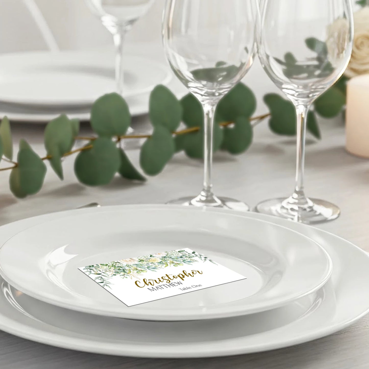 White Rose and Eucalyptus Leaves Wedding Place Card