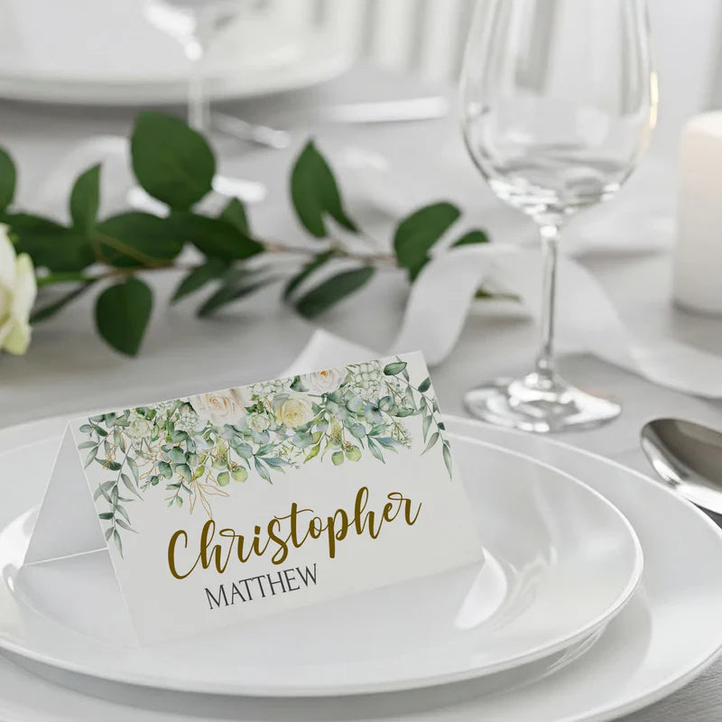 White Rose and Eucalyptus Leaves Wedding Place Card