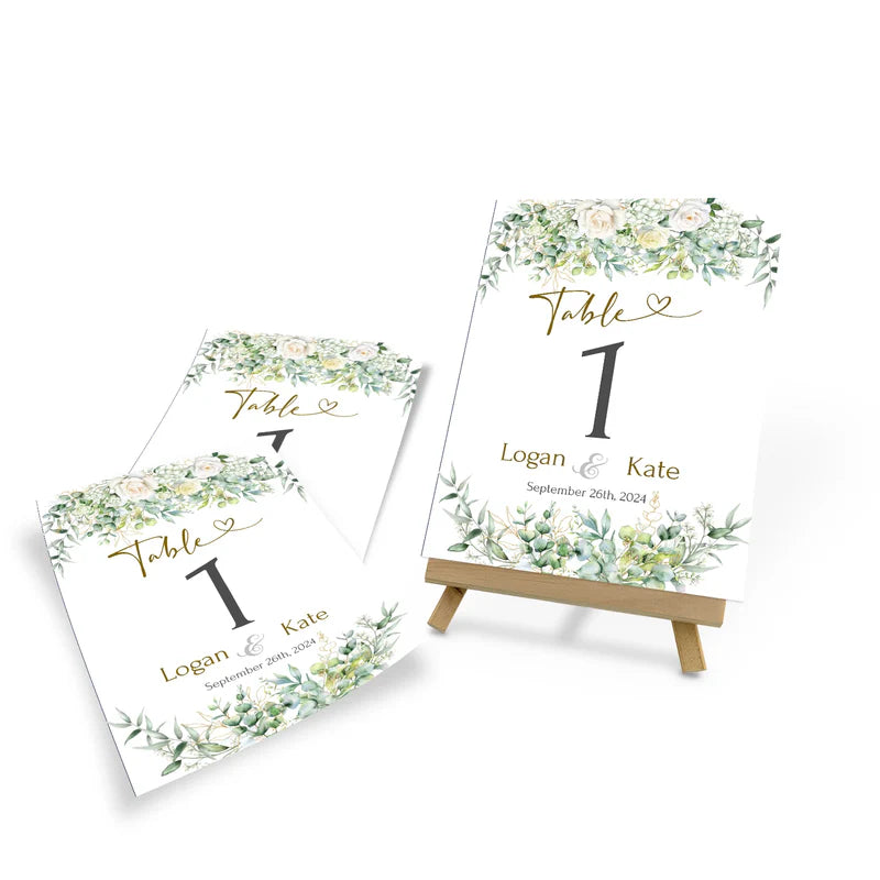 White Rose and Eucalyptus Leaves Table Number Printable