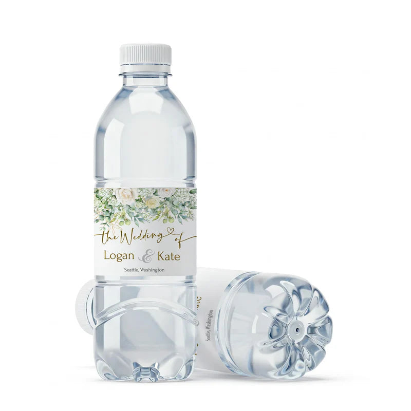 White Rose and Eucalyptus Leaves Water Bottle Label Printable