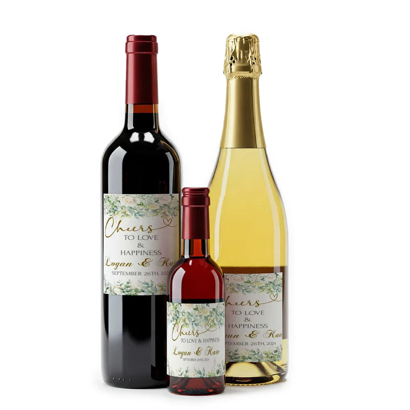 White Rose and Eucalyptus Leaves Wedding Wine Label Printable