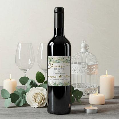 White Rose and Eucalyptus Leaves Wedding Wine Label