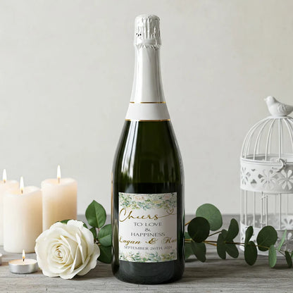 White Rose and Eucalyptus Leaves Wedding Wine Label