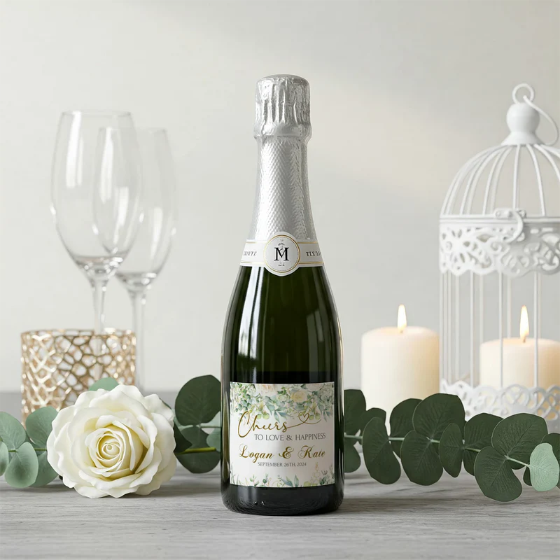 White Rose and Eucalyptus Leaves Wedding Wine Label