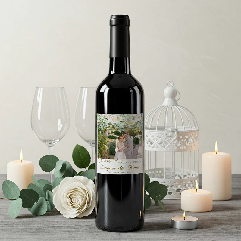 White Rose and Eucalyptus Leaves Wedding Wine Label with Photo