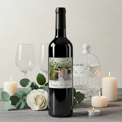 White Rose and Eucalyptus Leaves Wedding Wine Label with Photo