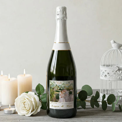 White Rose and Eucalyptus Leaves Wedding Wine Label with Photo