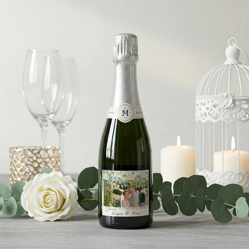 White Rose and Eucalyptus Leaves Wedding Wine Label with Photo
