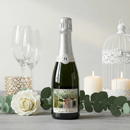 White Rose and Eucalyptus Leaves Wedding Wine Label with Photo