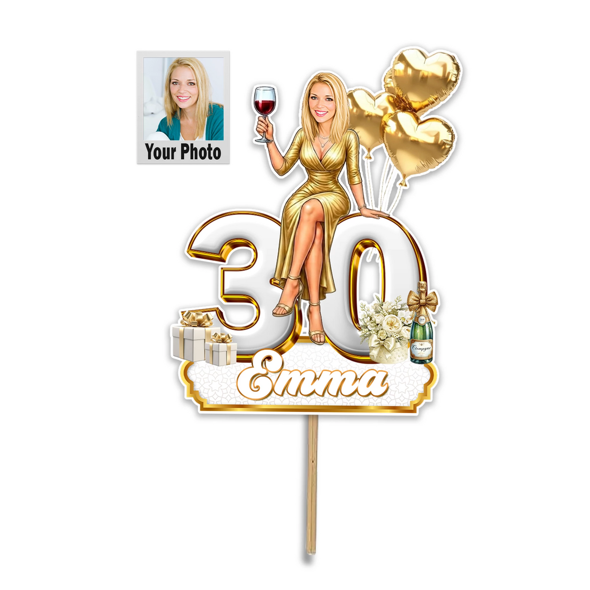 A custom caricature birthday cake topper featuring a personalised cartoon woman's face and a bold cutout