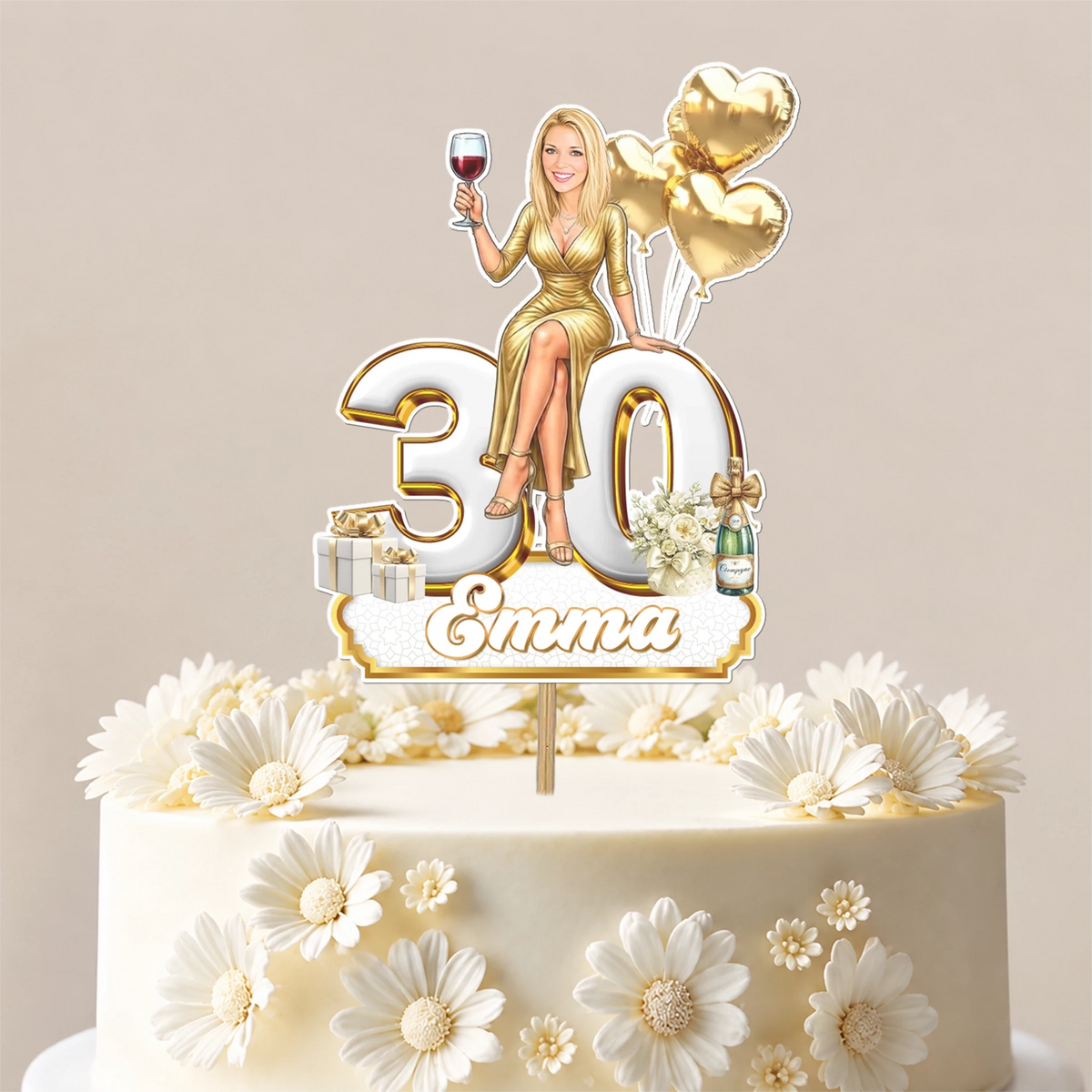 A custom caricature birthday cake topper featuring a personalised cartoon woman's face and a bold cutout