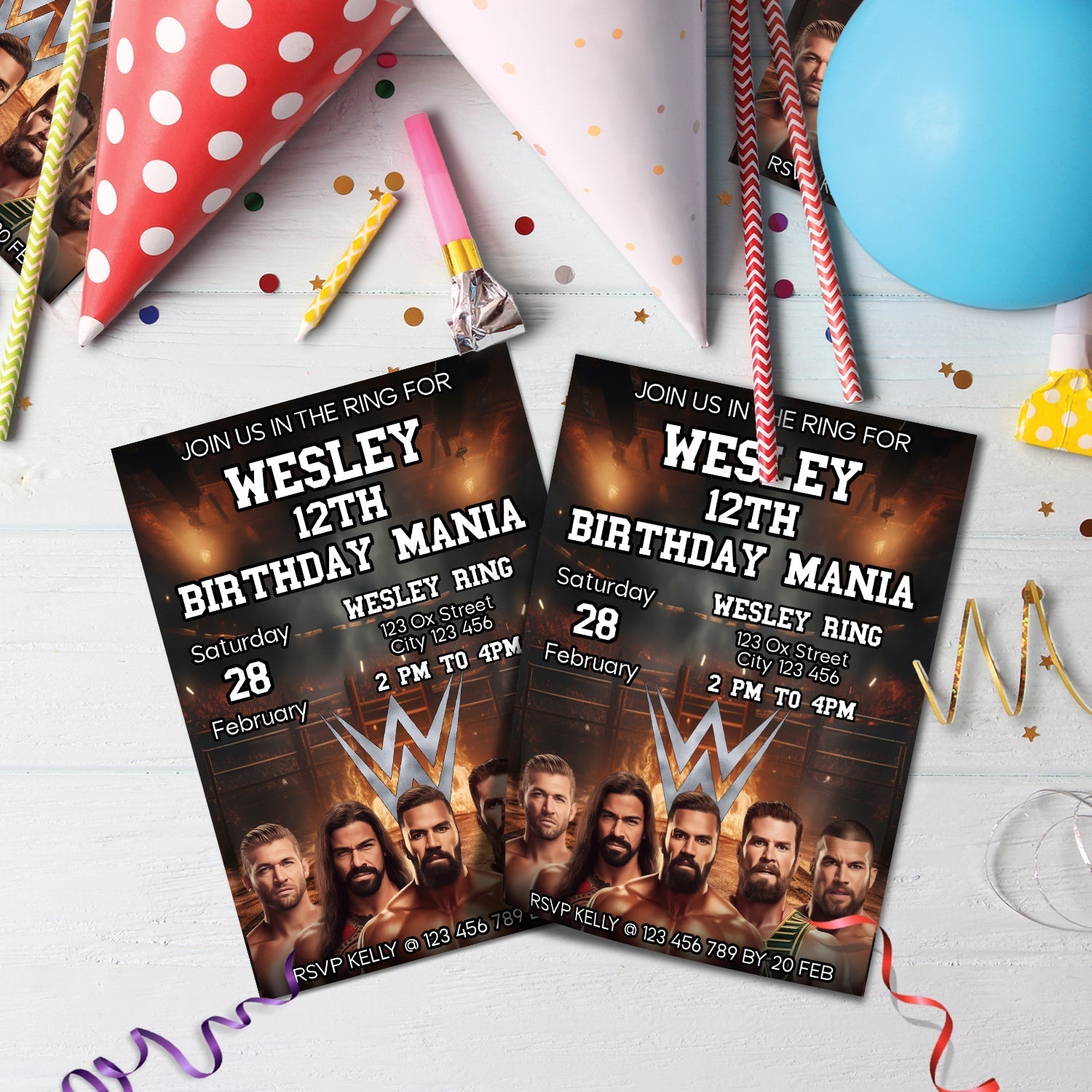 WWE WrestleMania Birthday Decorations, WWE Party Supplies, Royal Rumble Themed, Pro Wrestling Digital Template, Editable WWE WrestleMania Image SVG PNG