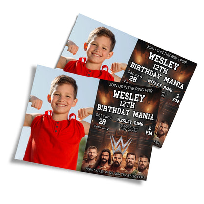 WWE themed personalized photo card invitations