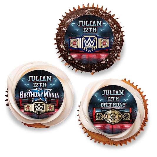 WWE Birthday Mania themed personalized cupcakes toppers