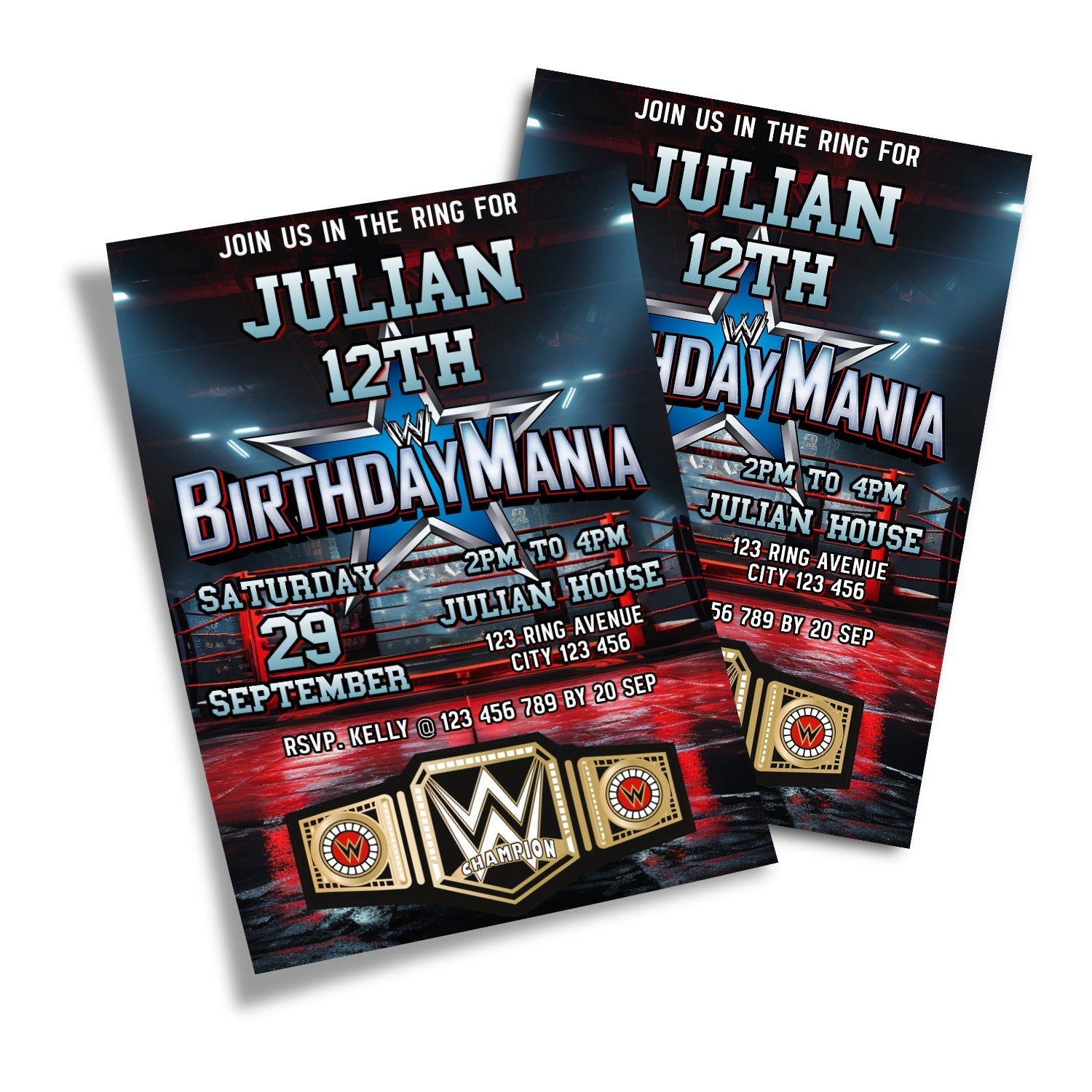 WWE themed personalized birthday card invitations