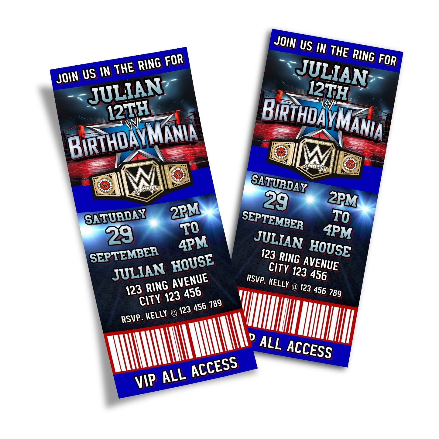 WWE themed personalized birthday ticket invitations