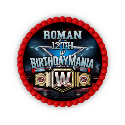 Round WWE edible sheet cake image with personalized design