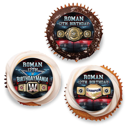 WWE Birthday Mania themed personalized cupcakes toppers