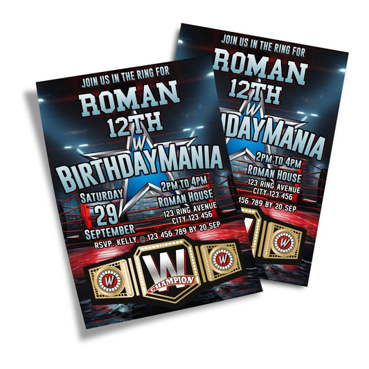 Custom WWE birthday card invitation with vibrant graphics