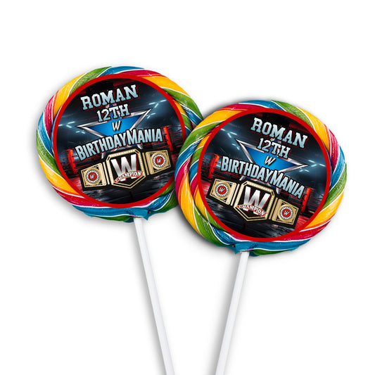 Personalized WWE lollipop label for themed parties