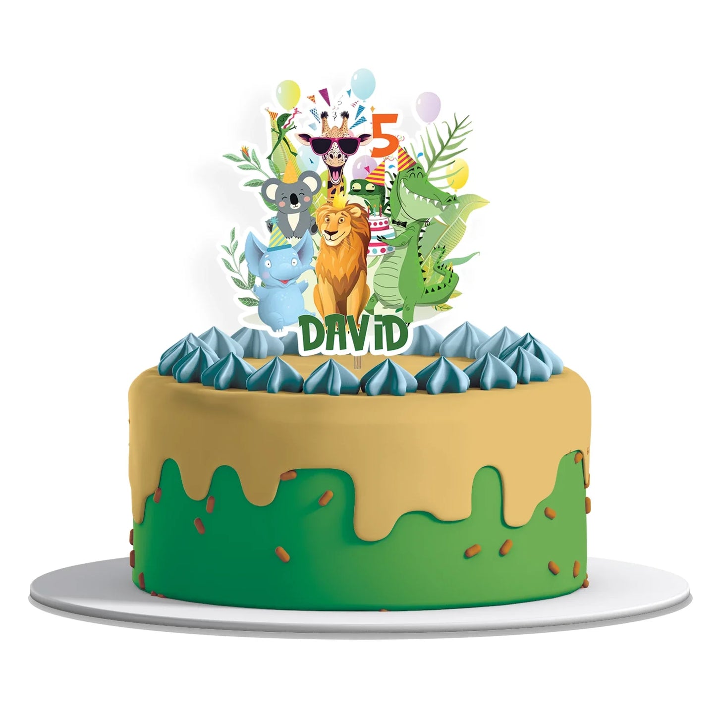 Zoo party personalized cake toppers with cartoon lion and monkey illustrations and custom birthday name on white background