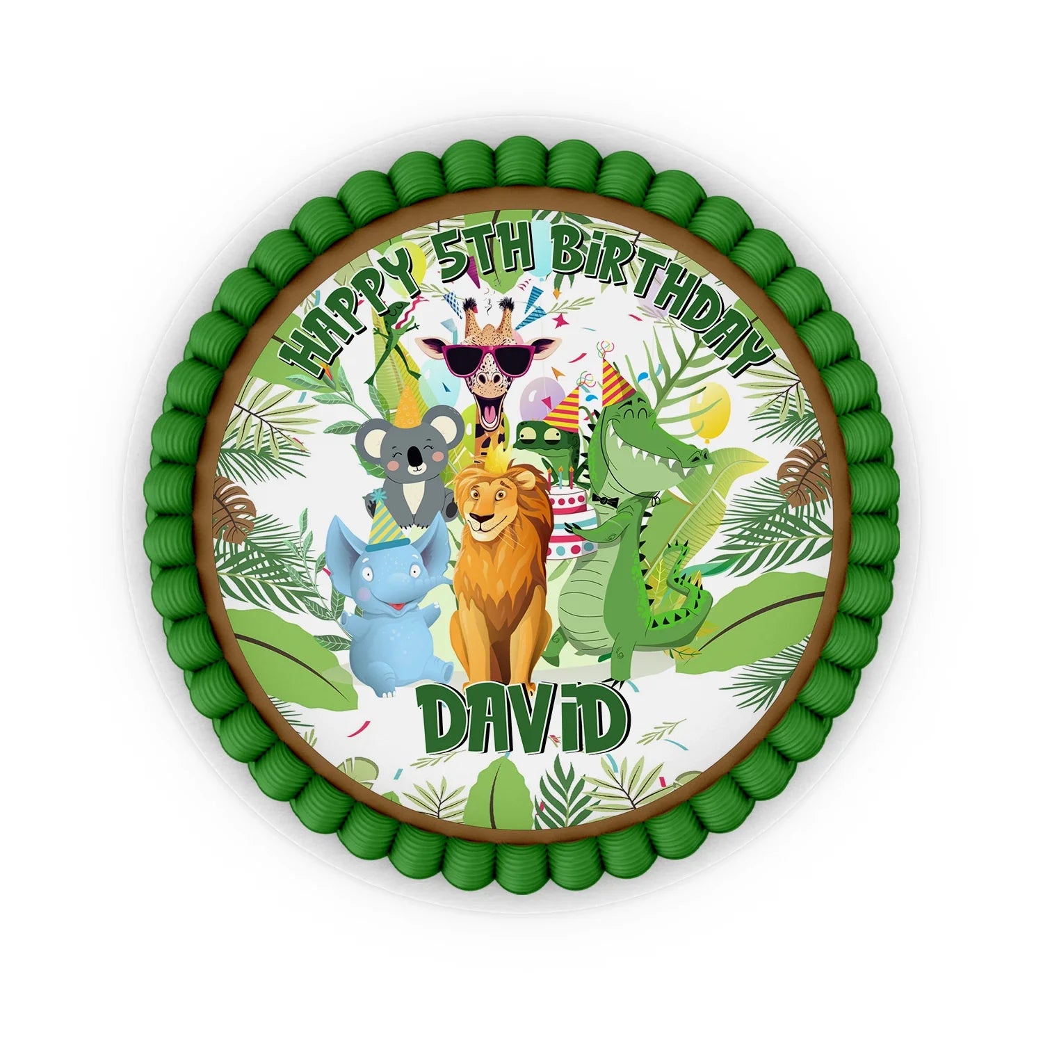 Zoo party personalized edible icing cake images with vibrant safari animal graphics and custom text flat lay