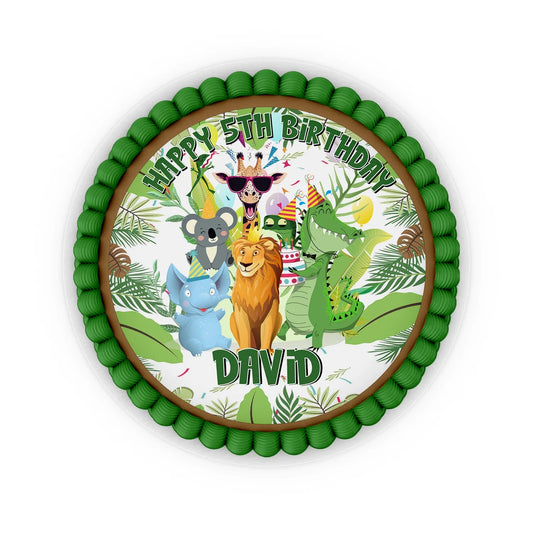 Zoo party personalized edible icing cake images with vibrant safari animal graphics and custom text flat lay