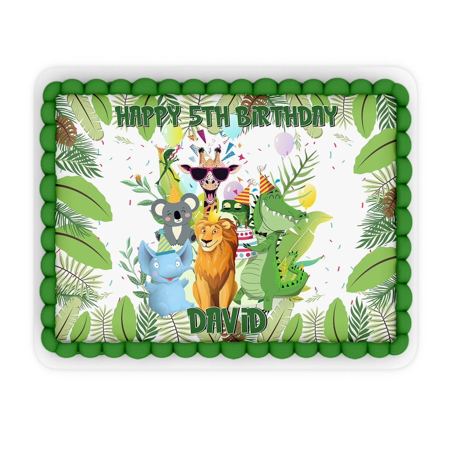 Zoo party personalized edible sheet cake images featuring a full jungle landscape and wild animal graphics flat lay