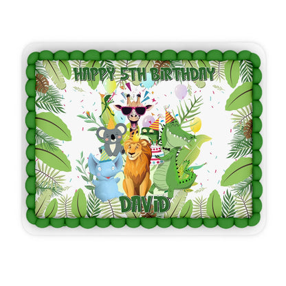 Zoo party personalized edible sheet cake images featuring a full jungle landscape and wild animal graphics flat lay