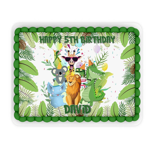 Zoo party personalized edible sheet cake images featuring a full jungle landscape and wild animal graphics flat lay