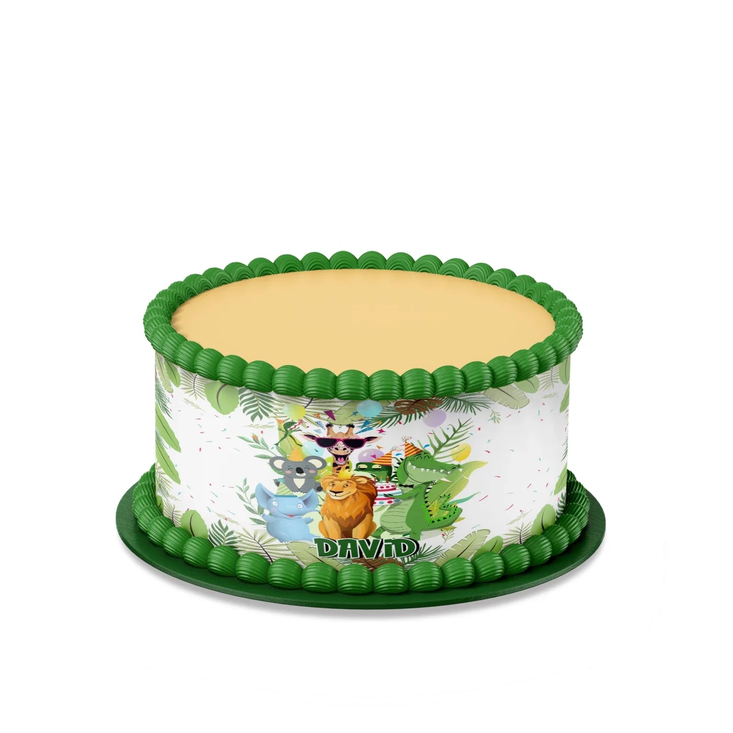 Zoo party personalized cake strips with repeating giraffe and zebra animal patterns for cake borders on white background