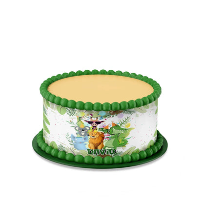 Zoo party personalized cake strips with repeating giraffe and zebra animal patterns for cake borders on white background