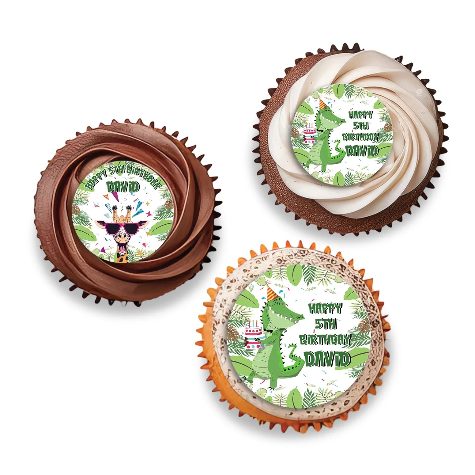 Zoo party personalized cupcakes toppers set with round safari animal face designs and green leaf accents on white background