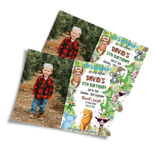Zoo party personalized photo card invitations with custom child photo frame and tropical jungle leaf borders flat lay