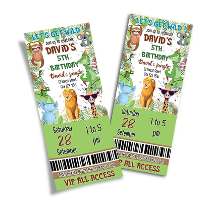 Zoo party personalized birthday ticket invitations with safari admission ticket graphics and custom text on white background