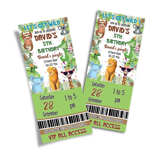 Zoo party personalized birthday ticket invitations with safari admission ticket graphics and custom text on white background