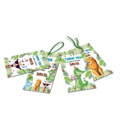 Zoo party thank you tags with friendly tiger and monkey illustrations and personalized message on white background